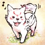  chibiterasu dog eighth_note flower leaf minimaru motion_lines musical_note no_humans ookamiden open_mouth puppy quarter_note tail tongue tongue_out wings 