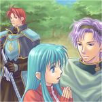  1girl 2boys aqua_eyes aqua_hair armor blue_eyes blue_hair capelet eirika fingerless_gloves fire_emblem fire_emblem:_seima_no_kouseki fire_emblem_sacred_stones gloves hairband hands_clasped hands_together happy jealous knight lance long_hair mage mantle multiple_boys open_mouth polearm princess purple_eyes purple_hair red_eyes red_hair saleh saleh_(fire_emblem) see-through seth short_hair smile tree weapon 