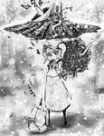  bad_id bad_pixiv_id cong1991 dog dress greyscale hat kawashiro_nitori key monochrome oriental_umbrella satellite_dish snow solo technology touhou twintails two_side_up umbrella 