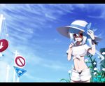  aqua_hair auer bili_girl_33 bilibili_douga building casual day eating flower food front-tie_top hat hat_ribbon letterboxed long_hair midriff navel no_symbol open_fly pole popsicle power_lines red_eyes ribbon road_sign shirt side_ponytail sign sky solo straw_hat sun_hat tied_shirt unzipped watermark 