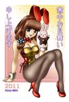  2011 animal_ears blue_eyes brown_hair bunny bunny_ears bunnysuit hand_puppet high_heels kanchuumimai legs long_hair miki_(akibin66) original pantyhose puppet shoes solo thighs wrist_cuffs 