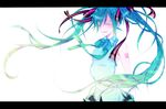  adapted_costume aqua_hair bad_id bad_pixiv_id bow bowtie closed_eyes colored_eyelashes eyelashes gradient_hair hair_ribbon hatsune_miku ibuki_(ukrock31) letterboxed long_hair multicolored_hair open_mouth pleated_skirt ribbon shirt simple_background skirt sleeveless sleeveless_shirt solo twintails vocaloid voice_(vocaloid) 