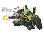  chibi firing gun gundam hizack machine_gun mecha muzzle_flash no_humans shell_casing shield simple_background spikes take_tonbo weapon zeta_gundam 