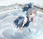  album_cover blue_dress blue_eyes blue_hair bow cirno colored_eyelashes commentary_request cover crystal dress fisheye flying forest hair_bow ice lake leaning_forward light_particles looking_at_viewer mary_janes miyuki_ruria mountain nature pigeon-toed reflection shoes short_hair smile snow snowflakes solo touhou transparent tree wings winter 