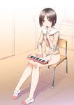  bare_legs blush bottomless braid brown_eyes brown_hair chair collarbone full_body hair_ornament highres instrument jewelry keyboard_(instrument) melodica no_panties no_socks ooji original school_uniform shoes short_hair sitting solo uwabaki 