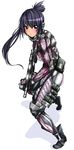  armor bodysuit crysis female full_body gun highres long_hair luceva ponytail purple_hair red_eyes simple_background solo tsurime weapon white_background 