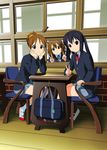  akikan_(credit) black_hair brown_eyes brown_hair full_body hirasawa_ui hirasawa_yui k-on! long_hair multiple_girls nakano_azusa pantyhose ponytail school_uniform short_hair table twintails v window 