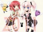  2girls akihabara_dennou_gumi blue_eyes casual densuke_(akihabara_dennou_gumi) detached_sleeves hanakoganei_hibari multiple_girls ootorii_tsubame petit_ange pink_hair red_eyes red_hair short_hair striped striped_legwear thighhighs twintails wapokichi 