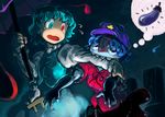  biting blue_eyes blue_hair eggplant enajii geta hat heterochromia jiangshi karakasa_obake miyako_yoshika multiple_girls ofuda outstretched_arms pale_skin purple_umbrella red_eyes star tatara_kogasa tears tombstone touhou umbrella zombie_pose 