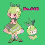  1girl bangs brown_eyes creature_and_personification creatures_(company) dress eyes_visible_through_hair full_body game_freak gen_5_pokemon green green_background green_dress green_footwear green_hair green_ribbon hair_ribbon hands_together highres leaf mameeekueya nintendo number personification petilil pokemon pokemon_(creature) pokemon_number puffy_short_sleeves puffy_sleeves ribbon shoes short_hair short_sleeves simple_background standing 