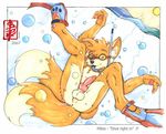  2007 anus balls bubbles canine canine_penis caption chest_tuft claws erection fennec_(artist) fox goggles hindpaw kitsune knot legs_up male miles_prower multiple_tails one_eye_closed orange pawpads penis snorkel solo sonic_(series) tail underwater wink 