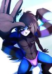  blue_panda bulge crotch foreshortening grumpy heterochromia high-angle_shot long_tail looking_at_viewer male peritian solo thong underwear zero zero_(loui) 