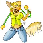  blonde_hair breasts canine chihuahua cleavage clothed clothing collar dog ear_piercing earring female hair long_hair long_haired_chihuahua looking_at_viewer mammal pants piercing plain_background silvermidnight smile solo sunny sunny_(character) white_background 