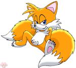  balls blue_eyes canine claws fang fox kitsune looking_at_viewer male miles_prower mobian multiple_tails penis sitting solo sonic_(series) tail twotails yellow 