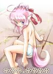  animal_ears blue_eyes blush bun_cover dog_days dog_ears dog_girl dog_tail flat_chest ground hair_bun millhiore_f_biscotti nipples open_mouth panties paws pink_hair san-pon smile solo tail topless underwear underwear_only water 