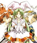  2boys 90s ahoge bangs brown_eyes closed_eyes dress earrings green_hair grey_eyes grin hands_clasped hat headband jester_cap jewelry landius_(langrisser) langrisser langrisser_iv langrisser_v long_hair multiple_boys official_art orange_hair own_hands_together parted_bangs sad scan schelfaniel_(langrisser) serious sigma_(langrisser) simple_background smile twintails urushihara_satoshi white_hair 
