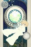  art_nouveau blonde_hair bubble city cityscape green_eyes heart highres male_focus mononoke_(empty) original pajamas ribbon sky solo star 