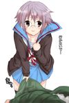  bad_id bad_pixiv_id bangs glasses kita_high_school_uniform nagato_yuki purple_hair school_uniform serafuku short_hair solo suzumiya_haruhi_no_shoushitsu suzumiya_haruhi_no_yuuutsu u-ka_(fukei) 