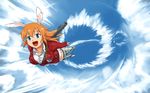  animal_ears blue_eyes bunny_ears charlotte_e_yeager cloud condensation_trail day gun long_hair open_mouth orange_hair shibasaki_shouji sky smile solo sonic_boom strike_witches striker_unit uniform weapon world_witches_series 