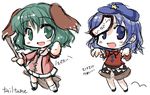  animal_ears bad_id bad_pixiv_id blue_eyes blue_hair blush_stickers broom chibi green_eyes green_hair hat jiangshi kasodani_kyouko miyako_yoshika multiple_girls nekotani_mikamo ofuda open_mouth outstretched_arms pale_skin pink_skirt sketch skirt smile standing star touhou waving zombie_pose 