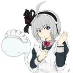  ahoge alternate_costume apron blue_eyes bow bowtie dress enmaided flower ghost hair_flower hair_ornament hayate-s headdress highres hitodama konpaku_youmu konpaku_youmu_(ghost) maid maid_headdress short_hair silver_hair solo touhou upper_body 