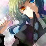  blue_eyes goggles green_hair gumi heterochromia momo_michi mosaic_roll_(vocaloid) mouth_hold scissors solo tears vocaloid yellow_eyes 