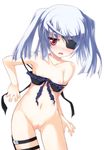  bare_shoulders bikini_pull bikini_top blush bottomless eyepatch flat_chest highres holster infinite_stratos laura_bodewig long_hair nipples open_mouth pulled_by_self pussy red_eyes safi silver_hair solo strap_slip thigh_holster thigh_strap uncensored 