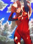  arms_behind_head blue_eyes blue_sky bodysuit boyaking cloud day lips long_hair neon_genesis_evangelion orange_hair plugsuit sky solo souryuu_asuka_langley 