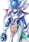  ashi_ura blue_eyes blush breasts duel_monster gloves hat long_hair medium_breasts purple_hair silent_magician simple_background solo surcoat wand wizard_hat yuu-gi-ou yuu-gi-ou_duel_monsters 
