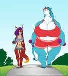  barefoot big_breasts breasts chubby dinah dragon duo female morbidly_obese overweight scalie size_difference thick_thighs thighs vdisco weights 