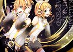  1girl arm_warmers blonde_hair blue_eyes brother_and_sister detached_sleeves hair_ornament hair_ribbon hairclip headphones highres kagamine_len kagamine_len_(append) kagamine_rin kagamine_rin_(append) navel ribbon short_hair shorts siblings smile tama_(songe) twins vocaloid vocaloid_append 