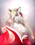  blonde_hair blue_eyes blush breasts canine female grey hair hair_over_eye japanese_clothing kimono long_hair nipples piercing silver solo topless tsampikos undressing white wolf 