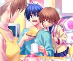  2girls air apron bag blue_eyes blue_hair breakfast brown_hair clannad closed_eyes cup dango_daikazoku eating family father_and_daughter food furukawa_nagisa hand_on_shoulder hikarizaka_private_high_school_uniform long_hair mug multiple_girls oekaki okazaki_tomoya okazaki_ushio older open_mouth potato_(air) school_bag school_uniform short_hair smile teenage toast zen 