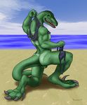  balls claws clothing dinosaur lizard looking_at_viewer male nude raptor scalie solo tan_line undressing wookiee 