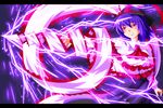  blue_hair blush capelet drill electricity frills hat hat_ribbon letterboxed nagae_iku red_eyes ribbon scarf sera_(hitsuji_to_kitsune) short_hair smile solo touhou 