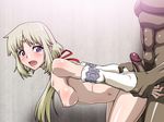  blonde_hair blush breasts buttjob censored detached_sleeves erection grinding kurojiya looking_back mist_(rune_factory) nipples nude open_mouth penis pointless_censoring purple_eyes rune_factory tears wrist_grab 