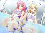  2girls aiyoku_no_nakaba_in_to_you_no_doukoku akechi_mari blonde_hair blush breasts censored erect_nipples female_on_futa futa_on_female futa_with_female futanari game_cg handjob large_breasts long_hair multiple_girls navel open_mouth penis pink_hair red_eyes ribahara_aki shizuki_sara skirt under_table 