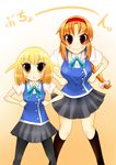  2girls :&lt; blonde_hair braid d-frag! hairband hands_on_hips long_hair looking_at_viewer multiple_girls orange_hair pantyhose red_eyes school_uniform shibasaki_roka short_twintails skirt smile takao_(d-frag!) twintails yellow_eyes 