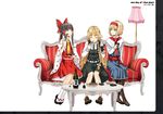  alice_margatroid blonde_hair blue_eyes blush capelet chopsticks closed_eyes couch eating food hairband hakurei_reimu happy hat kirisame_marisa lamp long_hair multiple_girls nabeshima_tetsuhiro ribbon short_hair sitting touhou 