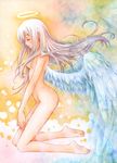  angel angel_wings aoi_yuuka_(ao_no_kokoro) barefoot closed_eyes colored_pencil_(medium) eyelashes feet halo kneeling large_wings legs long_hair long_legs marker_(medium) nude original pastel_(medium) pink_hair profile silver_hair solo thighs traditional_media wings 