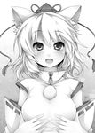  animal_ears blush breasts detached_sleeves face greyscale hands hat inubashiri_momiji medium_breasts monochrome open_mouth serizawa_mutsuki short_hair smile solo tassel tokin_hat touhou upper_body wolf_ears zipper 