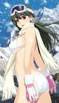  ass bikini black_hair breasts gloves goggles goggles_on_head ino large_breasts long_hair looking_at_viewer mountain original red_eyes scarf sideboob snowing solo strap_gap swimsuit underboob white_bikini 
