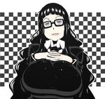  black_eyes black_hair breast_suppress breasts buchou_(houkago_play) checkered checkered_background curly_hair glasses grin highres houkago_play huge_breasts long_hair ogata_hiro smile solo upper_body 