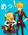  1girl angry aqua_eyes bare_shoulders black_legwear black_neckwear blonde_hair bloomers brother_and_sister chair controller famicom formal fur_collar game_console game_controller hair_ornament hair_ribbon hairclip headphones headphones_around_neck jacket kagamine_len kagamine_rin miwasiba necktie playing_games popped_collar remote_control ribbon rimocon_(vocaloid) shirt short_hair siblings sitting sleeveless sleeveless_shirt spread_legs suit thighhighs twins underwear video_game vocaloid 
