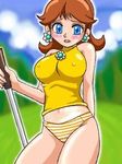  blue_eyes blush breasts brown_hair earrings embarrassed erect_nipples female jewelry konpeto lala-kun large_breasts lowres mario_golf midriff navel nintendo no_pants no_sleeves open_mouth outdoors outside panties princess_daisy short_hair sky sleeveless solo striped striped_panties super_mario_bros. super_mario_land underwear 