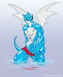  balls claws cum digimon dragon erection exveemon face_markings horns kain3 looking_at_viewer male markings muscles nude penis poking_out precum presenting red_eyes reptile scalie solo swimsuit tail wings xbuimonsama 