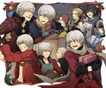  3girls 6+boys 6boys alcohol apron bell black_gloves black_hair blonde_hair blue_eyes bottle braid capcom christmas coat cyef21 dante devil_may_cry devil_may_cry_2 devil_may_cry_3 devil_may_cry_4 eyes_closed female food gift gloves grey_eyes grey_hair grin hair_over_one_eye highres jewelry kiragera lady lady_(devil_may_cry) long_hair lucia_(devil_may_cry) male midriff multiple_boys multiple_girls multiple_persona nero nero_(devil_may_cry) open_clothes open_coat open_mouth ornament pants pendant presents red_hair red_ribbon ribbon scarf short_hair single_braid smile sunglasses trench_coat trenchcoat trish trish_(devil_may_cry) vergil wine winern 
