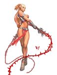  blonde_hair breasts cleavage copyright_request dual_wielding dy fingerless_gloves gloves green_eyes holding legs loincloth long_hair long_legs medium_breasts pointy_ears ponytail solo thighs vest whip 