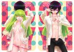  1boy 1girl black_hair black_pants bowl c.c. cc code_geass dress_shirt female food green_hair lelouch_lamperouge long_hair male messy midriff minami_(apricot_tea) mouth_hold no_pants open_clothes open_shirt panties pants panty_pull pink_panties pubic_hair purple_eyes sexually_suggestive shirt short_hair spoon unbuttoned underwear unzipped white_shirt wink yellow_eyes 