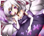  &lt;3 blush bow breasts butterfly cleavage dress earrings elbow_gloves female food fruit gloves heart heterochromia jewelry long_hair lying necklace off_shoulder on_back open_mouth original pink_eyes purple_eyes ribbon side_ponytail solo strawberry veil white_hair 